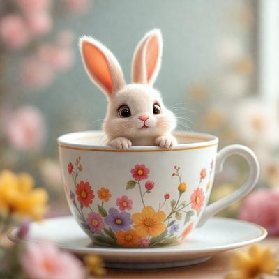 The primary subject of the image is a small white bunny sitting inside a cup. The cup is decorated with a floral pattern, adding a touch of color and charm to the scene. The setting appears to be a table, and the visual style is a combination of photo and digital art, creating a whimsical and playful atmosphere. The dominant colors are white and pink, with the floral pattern adding a splash of color to the scene.